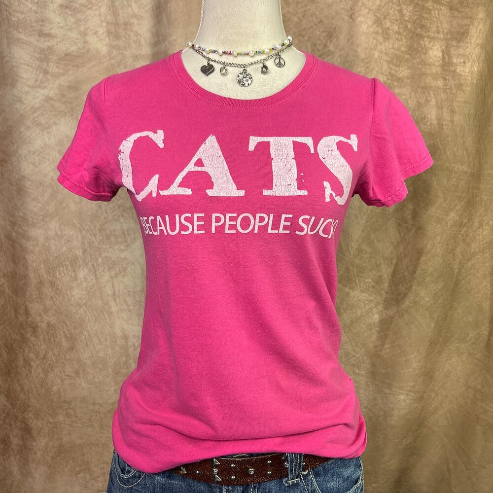 Cats Because People Suck T-Shirt Pink Graphic Tee Slim Fit Vintage Y2K Funny